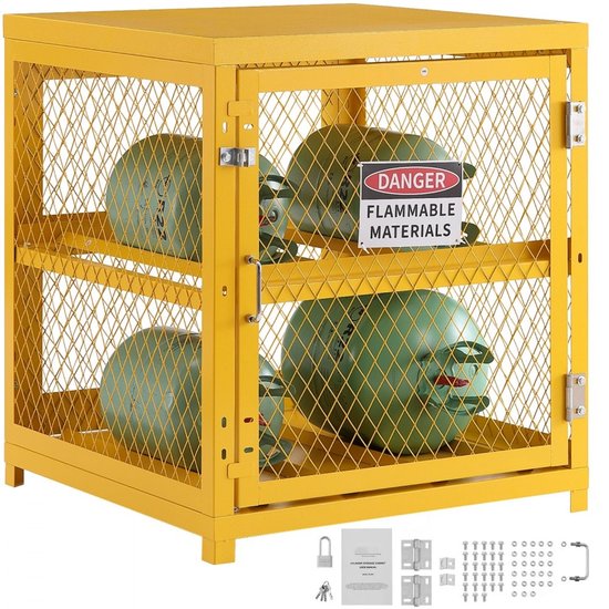 Gasflessen opslagkooi - Horizontale cilinderkast - Capaciteit 4 x 15 kg gasflessen - Afmeting 79 x 76 x 89 cm - Voor propaan, zuurstof, stikstof, koelmiddel - Poedergecoat - Geel