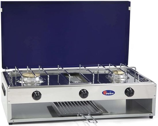 Gasfornuis 2 Branders - Draagbaar Kooktoestel - Kamperen en Buiten - Ingebouwde Grill - 58 x 30 cm - Grijs Blauw