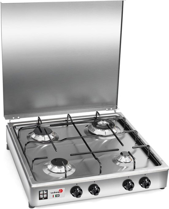 Gasfornuis 4 pits - Draagbaar kooktoestel - Kamperen buiten koken - Dubbele kroon brander - 49 x 47.5 cm - Zilverkleurig