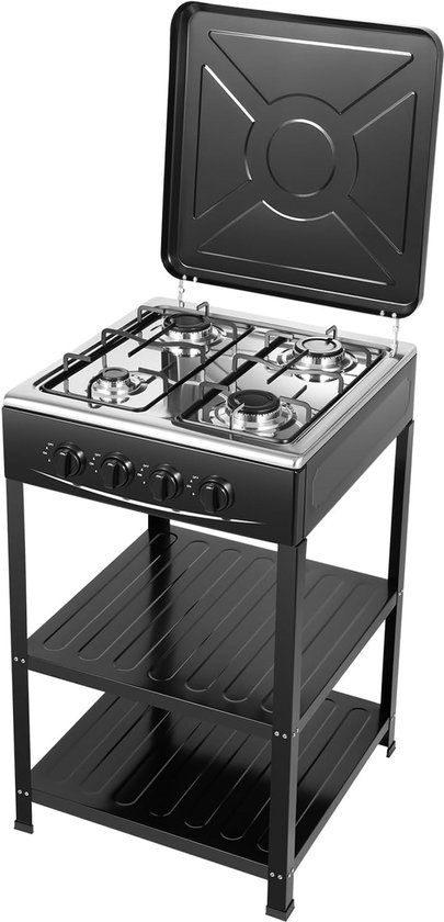 Gasfornuis 4 Pits - Kookplaat Fornuis - Koken Buiten Huis - Inclusief Deksel - 49x49x79 cm - Zwart van Merkloos
