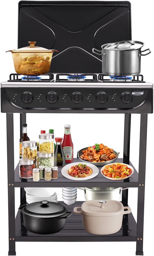 Gasfornuis 5 Brander - Buiten Koken - Kamperen Motorhome - Windscherm & Planken - 82 cm Hoog - Zwart van Merkloos