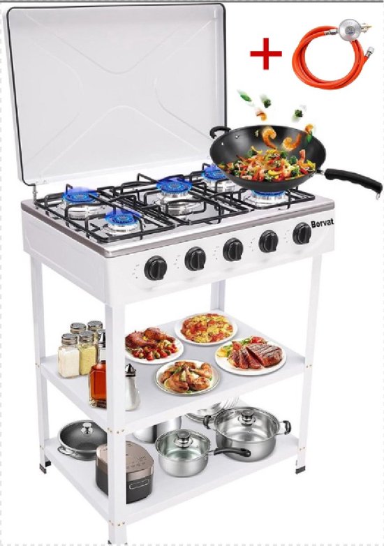 Gasfornuis 5 Brander - Buiten Koken - Kamperen Motorhome - Windscherm & Planken - 89 cm Hoog -Met Drukregelaar & Gasslang-Wit