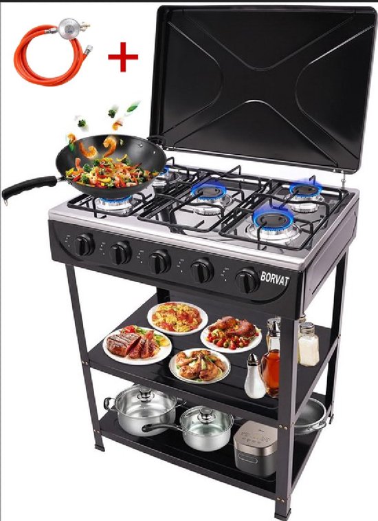 Gasfornuis 5 Brander - Buiten Koken - Kamperen Motorhome - Windscherm & Planken - 89 cm Hoog - Met Drukregelaar & Gasslang-Zwart