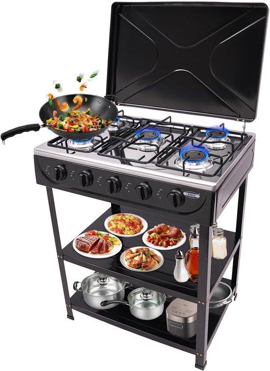 Gasfornuis 5 Pits - Vrijstaand Kooktoestel - Kamperen en Reizen - Met Grillwagen Deksel - 61x42x82 cm - Zwart