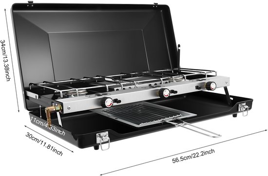Gasfornuis Camping Kooktoestel Rechthoekige 3 Vlammen Campingkoker Grill Stove 56.5*30*34cm van Merkloos