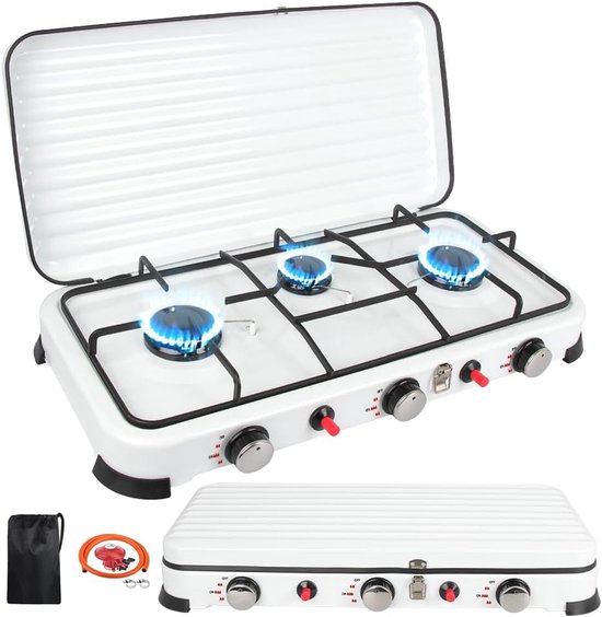 Gasfornuis - campingkooktoestel - outdoor - 3 vlammen - draagbaar - 5400 W - met piëzo-ontsteking - voor trekking en kampeerders - wit