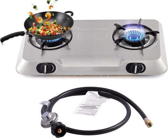Gasfornuis Dubbele Brander - Draagbaar Fornuis - Outdoor Koken - Automatische Ontsteking - 70 x 41 cm - Zilver
