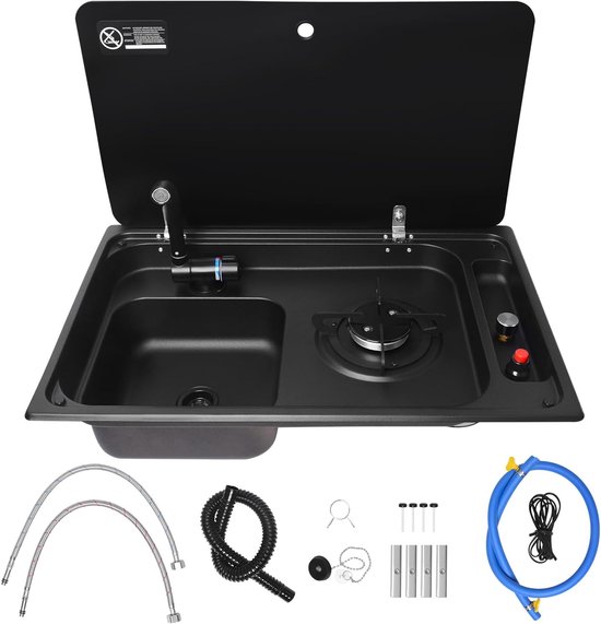 Gasfornuis met gootsteen - Compact kookstation - Mobiele keuken - Gehard glas deksel - 59 x 40 cm - Zilver