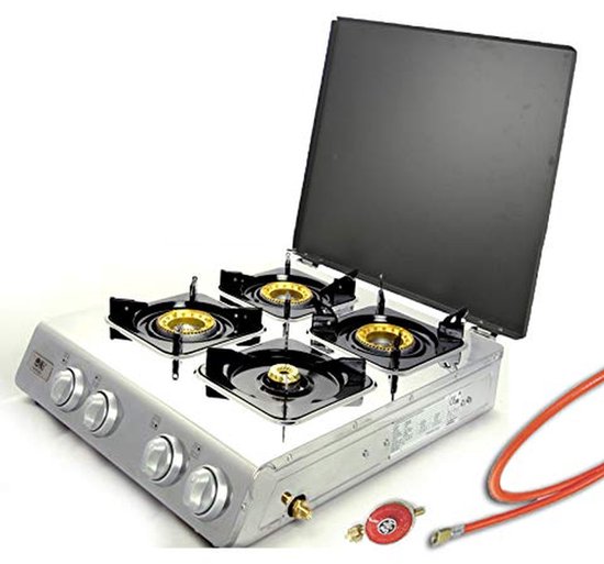 Gasfornuis RVS 4-vlammig met Deksel en Wokfunctie - Voor Camping en Buiten