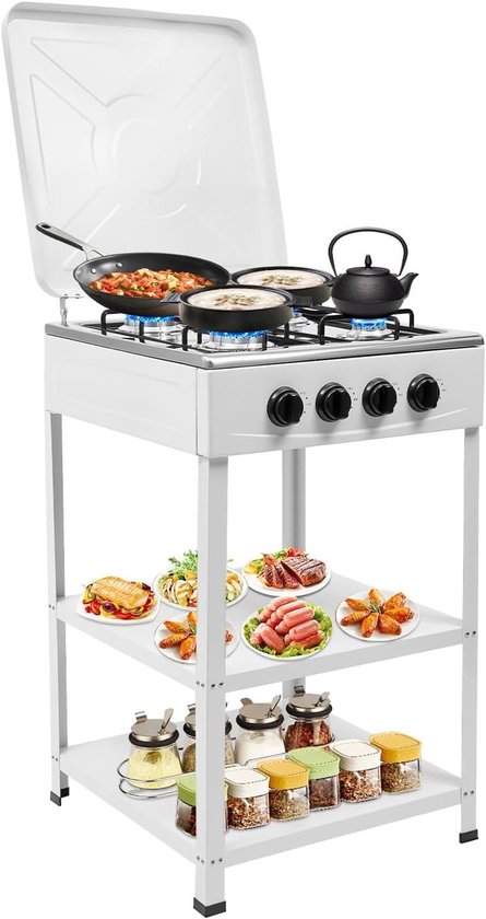 Gaskookplaat 4 pits - Buitenfornuis Camper - Outdoor Koken - Robuuste ijzeren constructie - 49x49 cm - Wit