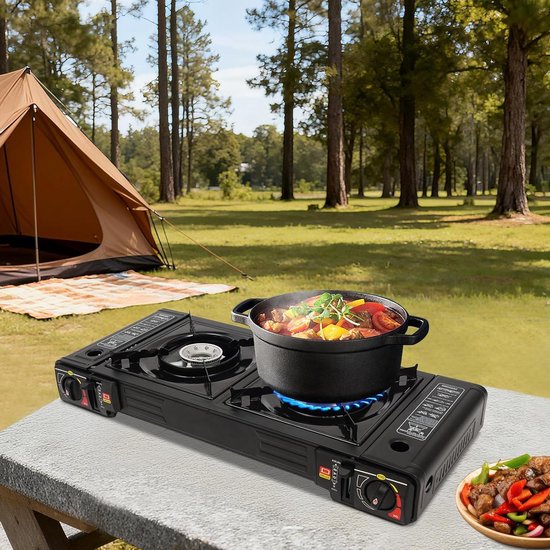 Gaskooktoestel met 2 vlammen - Campingkoker met grillplaat - Buiten koken - Met piëzo-ontsteking