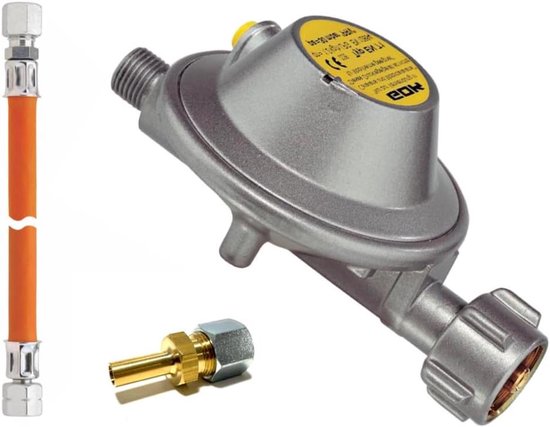 Gasregelaar Caravan Camper - Gasdrukregelaar Slang - Veilig Gas Gebruiken - Inclusief Gasslang Adapter - 30 mbar 1.2 kg/u - Zilver