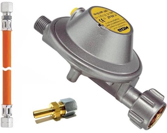 Gasregelaar voor caravan en camper - Gasdrukregelaar - met slang - Veilig gas gebruiken - Inclusief gasslang en adapter - 30 mbar - 1.2 kg/u - Zilver
