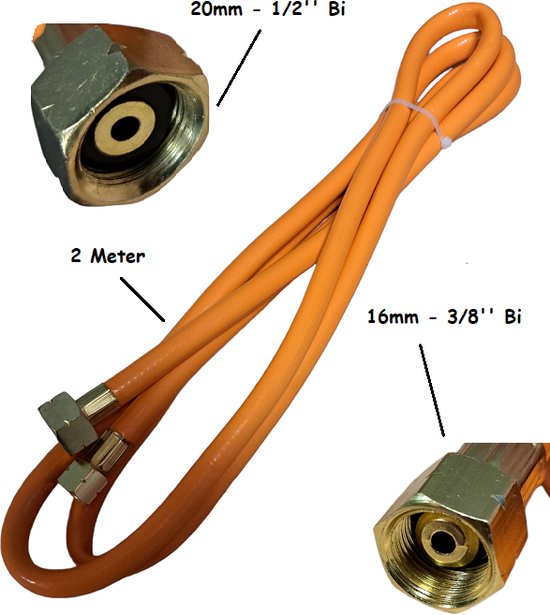 Gasslang gas slang 2 meter - BSPP 16mm (3/8") IG + BSPP 20mm (1/2") IG binnendraads Koppelingen - gasbrander onkruidbrander bio propaan butaan gasflessen LPG tank gasfles campinggas e.d. van Merkloos