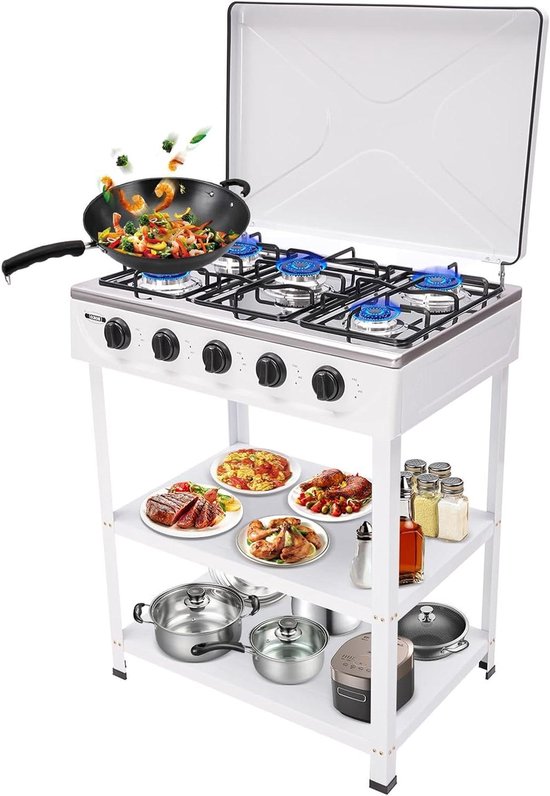 Gasstel 5 Pitten - Buiten kookplaat - Kamperen en buiten - Met windscherm - 61.5 x 42.5 cm - Wit