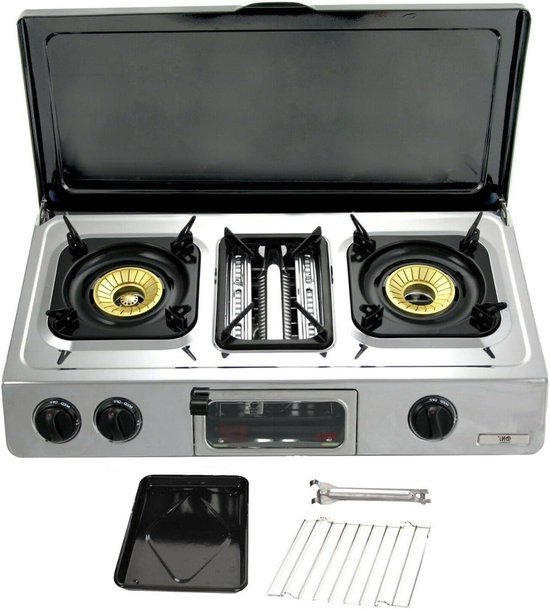 Gasstel met Grill - Buiten koken - Outdoor koken - Automatische ontsteking - 70 cm breed - Zilverkleurig