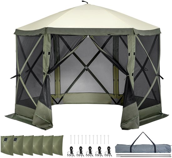Gazebo-Tent, 6 Panelen, Pop-Up, Met Zonnescherm, Verwijderbare Privacywanden En Gaasramen, 304,8 X 304,8cm Tent Met Klamboe, Legergroen van Merkloos