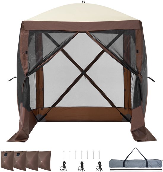 Gazebo-Tent, Luifel Met Vier Zijden, Opvouwbaar Met Verwijderbare Privacywanden En Gaasramen, 182x182 cm Snel Te Monteren Privacytent Met Klamboe, Bruin