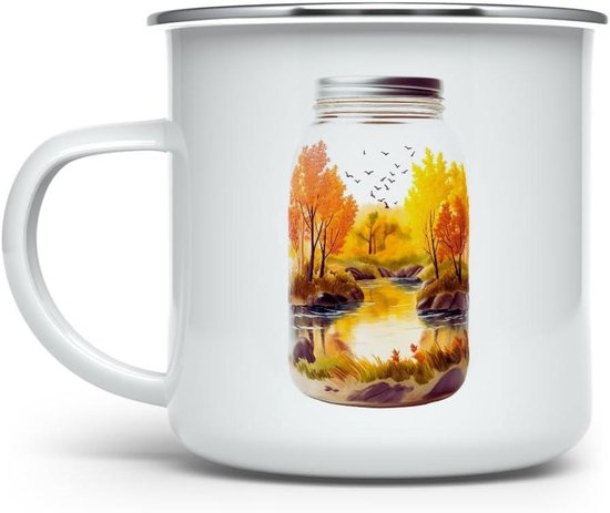 Geëmailleerde Mok - Outdoor Koffiebeker - Kamperen Buiten - Duurzaam Metaal - 350 ml - Herfst Uitzicht