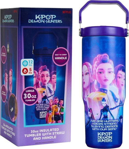 Geïsoleerde beker 30 oz met rietje en handvat - matte afwerking met KPop Demon Hunters design - roestvrijstalen tumbler met deksel voor koud en warm dranken - geschikt voor onderweg, school en gaming