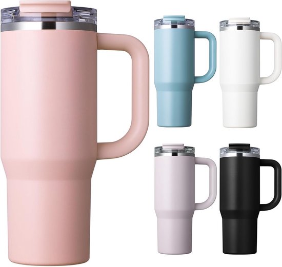 Geïsoleerde Beker RVS 900ml met Lekdicht Deksel en Rietje