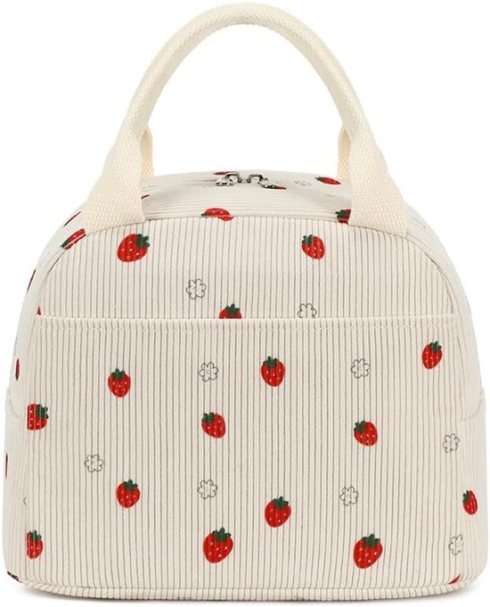 Geïsoleerde corduroy lunchtas voor dames, lichtgewicht, herbruikbaar, grote inhoud, handzame koeltas met vakjes, schattige lunchbox met bloemenprint voor op reis, werk en picknicks (aardbeirood) van Merkloos