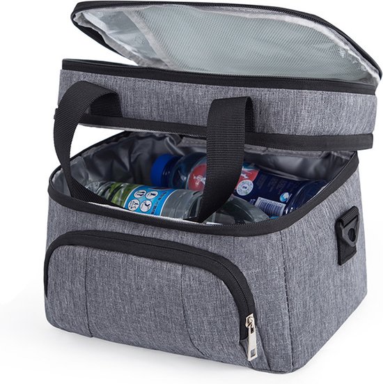 Geïsoleerde Grote Koeltas - Lunchtas Dubbellaagse Opslag - 12 L Picknicktas - Slijtvast 600D Oxford Materiaal - Warmte / Koude Retentie 12 uur - Lekvrij / Waterdicht / Stofdicht - Drank, moedermelk, lunch, fruit Bewaren - Grijs