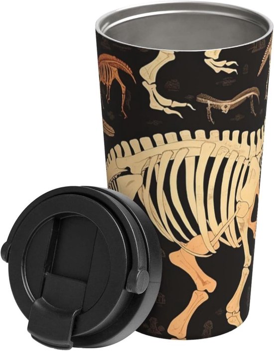 Geïsoleerde Koffiemok - Reismok Thermosbeker - Warme Koude Dranken - Lekvrij Ontwerp - 20 oz - Dinosaurus Skelet Print