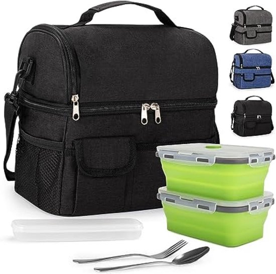 Geïsoleerde Lunchtas 10L Lunchkoeltas Thermische Tas Dubbele compartimenten koeltas met 2 lunchboxen en roestvrijstalen bestekset voor Het School, Picknick, werk (Zwart, 2 Lunchboxen)-X van FlowFly
