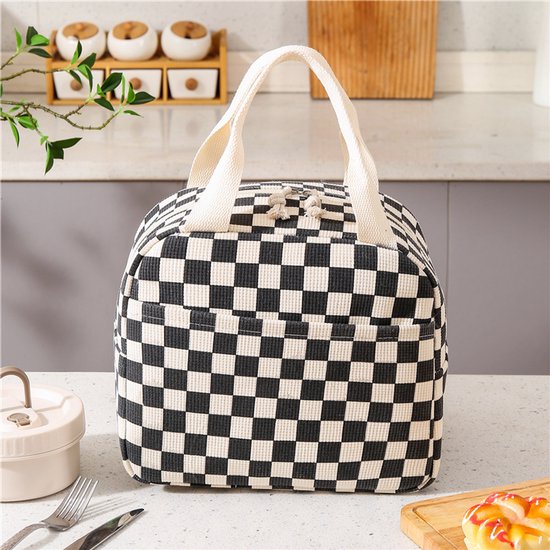 Geïsoleerde lunchtas, dameshandtas, corduroy lunchtas, universele corduroy lunchtas, geschikt voor werk, school, picknicks, enz., draagbaar en praktisch,Zwart-wit geblokt