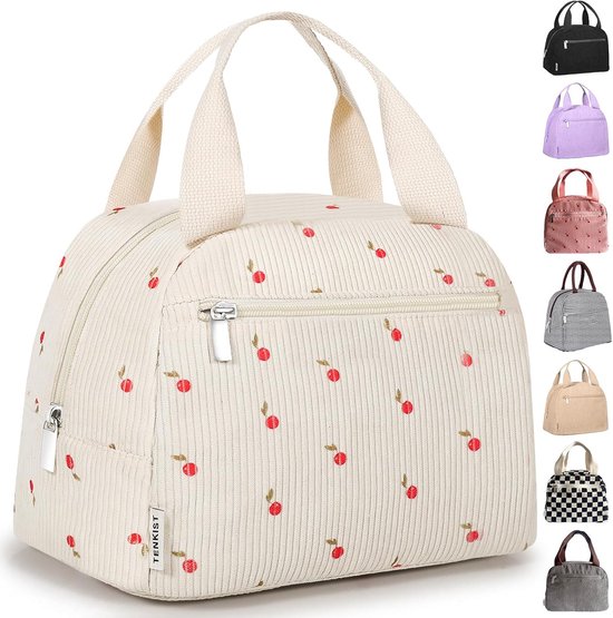 Geïsoleerde lunchtas - lichtgewicht corduroy - 8L ruime inhoud - voor werk, school en picknick - draagbare broodtrommel - voor vrouwen - wit - 1 stuk van FLITI