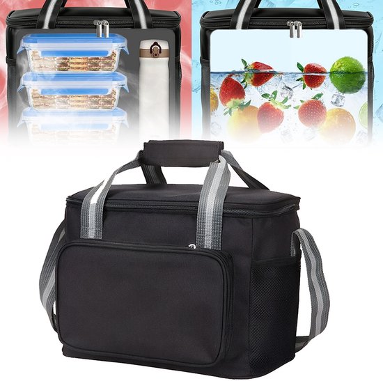 Geïsoleerde lunchtas van 15 liter - Geïsoleerde rugzak - Grote, draagbare lunchtas - Waterdicht - Met voorvak - Gemaakt van dik Oxford-doek - Opvouwbare geïsoleerde tas - Houdt eten warm en koud - Geschikt voor picknicks, kamperen en wandelen - Zwart