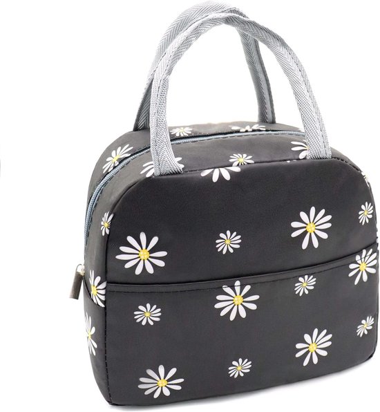 Geïsoleerde lunchtas voor dames, herbruikbare, schattige lunchbox voor volwassenen en mannen, lekvrije koeltas voor op het werk, op kantoor, op reis of op een picknick (zwart met witte margriet) van Merkloos