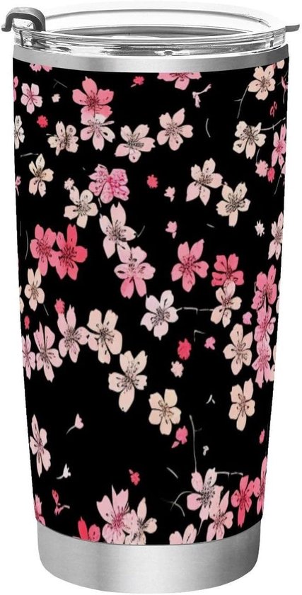 Geïsoleerde Mok - Thermosbeker - Dranken Warm Houden - Dubbelwandig Vacuüm - 600ml - Kleine Rode Bloemen