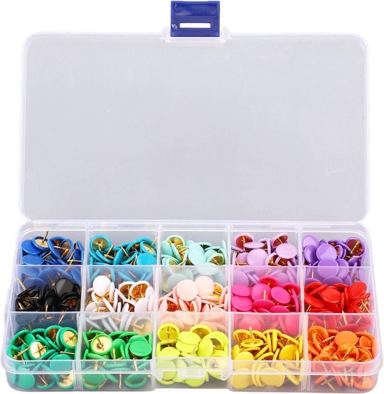 Gekleurde rubberen platte duimkopspijkers - 15 kleuren - schilderen en decoreren - duidelijke opbergdoos van Merkloos