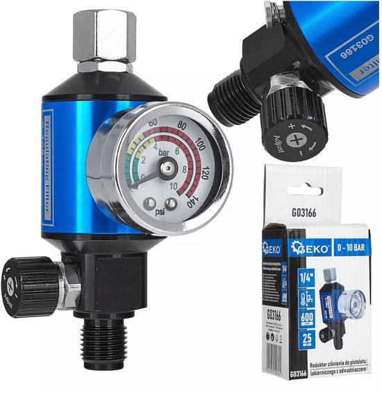 GEKO Drukregelaar met manometer 0-10 bar 1/4 inch aansluiting met filter voor perslucht en spuitpistolen van Merkloos