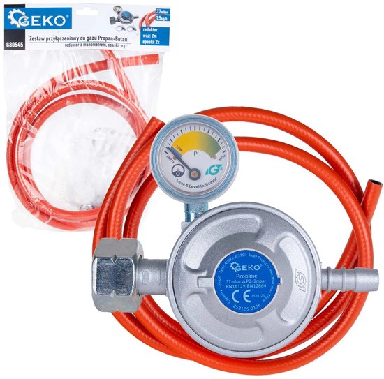 GEKO Gas aansluitset - drukregelaar met manometer - 2m slang - 37 mbar - veelzijdig gebruik