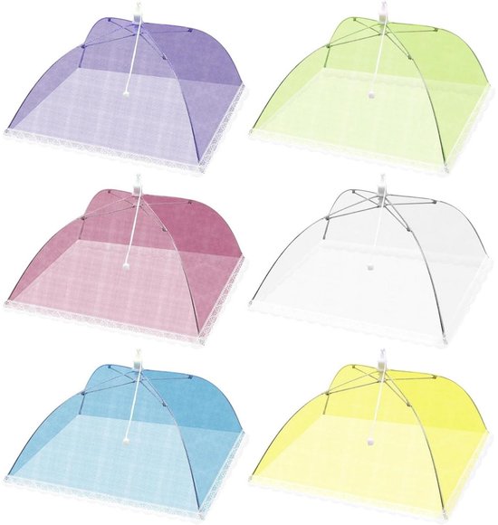 GELLDG 6 Stuks Afdek- en vliegenkapjes - Opvouwbare Koekepannenkap - Herbruikbare Netkap met Kant - 33 x 33 cm - Geschikt voor Fruit, BBQ en Picknick - Polyester Netstof