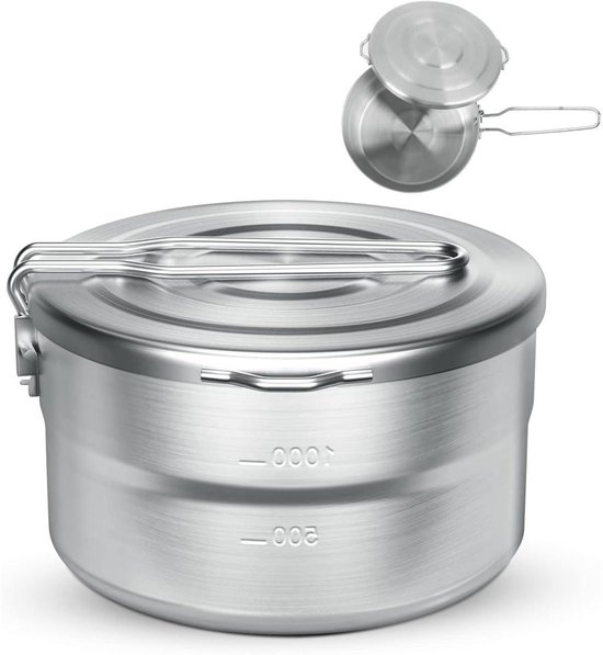 GELLDG Camping kookgerei set - 1,5 liter roestvrijstalen camping kookgerei set - Outdoor kookpannen set - Geschikt voor kamperen, wandelen en picknicken - Roestvrij staal - Zilver