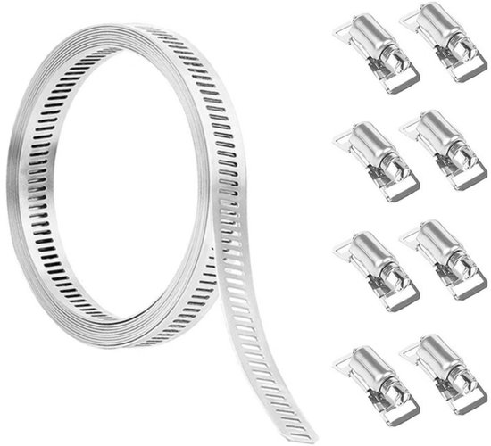 GELLDG Slangklemmen - RVS - 3 meter metalen band + 8 bevestigingsmiddelen - DIY slangklemmenset - Verstelbare slangklemmen - Geschikt voor waterleidingen, watertanks, gasleidingen, radiatoren