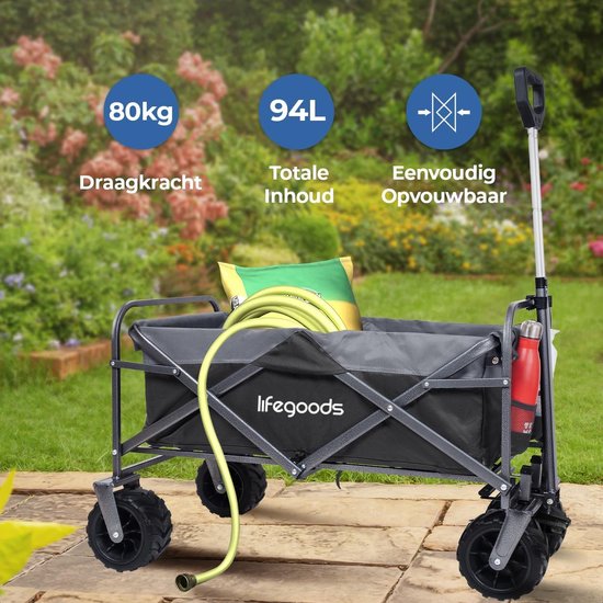 gereedschapswagen met voorwielrem, tot 150 kg draagkracht, Bolderkar / grotere capaciteit, robuuste strandwagen op grote terreinwielen up to 80 kg van Deuba