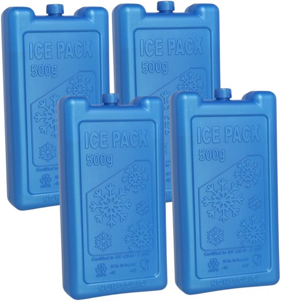 Gerimport Koelelement - 4x - dik - 500 ml - 9,5 x 17,5 x 4 cm - blauw - kunststof - voor grote koeltas en koekbox van Merkloos
