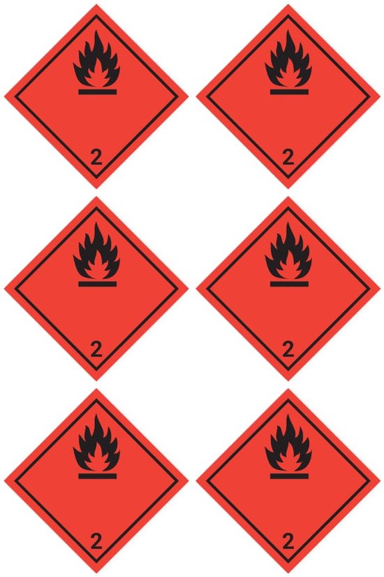 Gevaarsetiketten Stickers - Veiligheidspictogrammen Gassen - Gevaarlijke Stoffen Markeren - Klasse 2.1 Ontvlambaar - 50x50 mm 6 Stuks