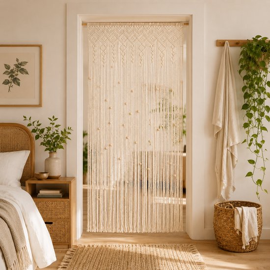 Geweo Deurgordijn-Bohemian Stijl-92*203CM-Katoen-Vliegenwerend Gordijn -Handbreien-Geschikt Voor Woonkamer, Slaapkamer En Eetkamer-Beige