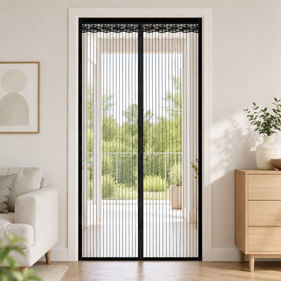 Geweo Vliegengordijn-Veter-Magnetisch-100*210cm-Geen Boren Nodig-Luxe Deurhor-Muggengordijn-Polyestervezel-Zwart