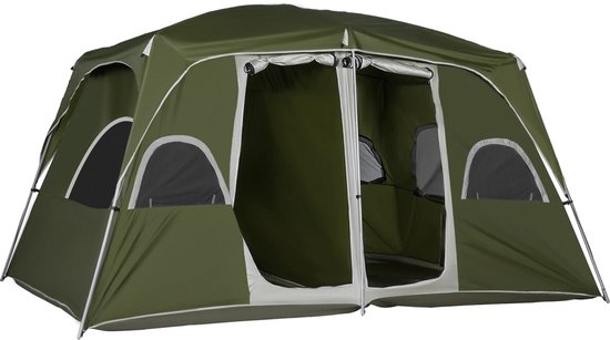 Gezinstent met 2 Slaapkamers - Flexibele Glasvezel Stokken - 4-8 Personen - 400x275x210 cm Groene Tent - Waterdicht - UV-bestendig van Merkloos
