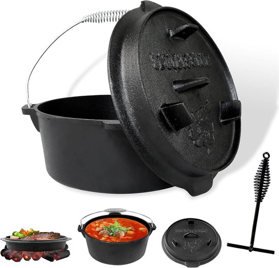 Gietijzeren Dutch Oven Set 4 6 9 Liter met Grillpan voor Koken en Kamperen