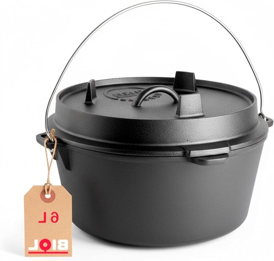 Gietijzeren Dutch Oven - Vuurpan Stoofpan - Buiten Koken - Voorgebrand Direct Gebruik - 6 Liter - Zwart