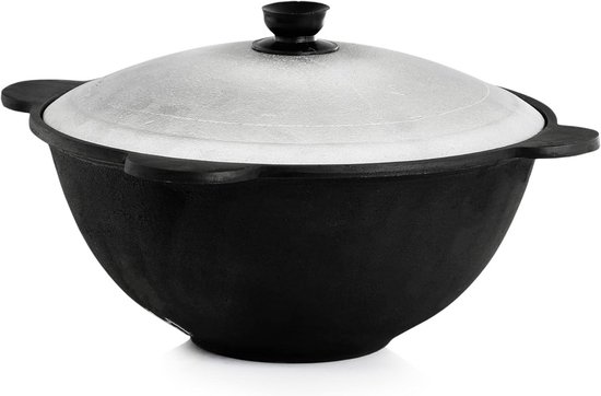 Gietijzeren Kazan Pan 3,5L voor Outdoor Koken - Oezbeeks Gietijzer Wok met Deksel