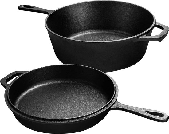 Gietijzeren Oven - Combikoker Braadpan - Veelzijdig Koken - Vooraf Gekruid - 3.2 Liter - Zwart